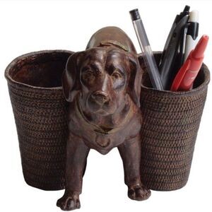 3R Studios Decorative Brown Resin Dog withTwo Baskets Pen/Pencil Holder